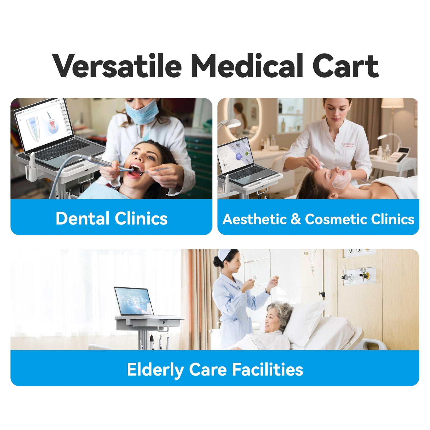 Medical Trolley Cart with Laptop Tray, Mobile Dental Clinic Workstation with Oral Scanner Holder for Hospitals Beauty Salon and Labs