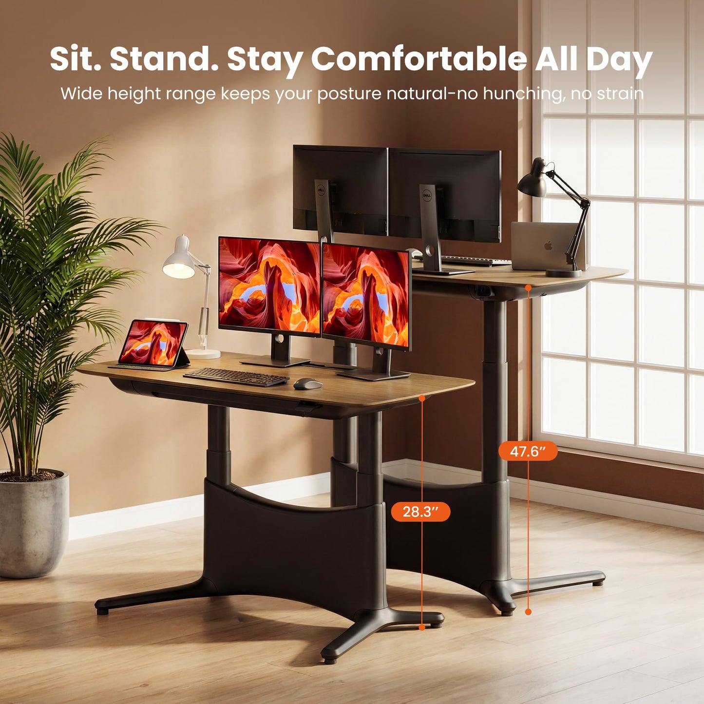 COLAMY Electric Standing Desk 55x28, Desktop Wobble-Free Dual Motor Sit Stand Up Desk with Drawers, Outlets & Footrest, Adjustable Height Computer Table for Home Office Workstation, Walnut Black