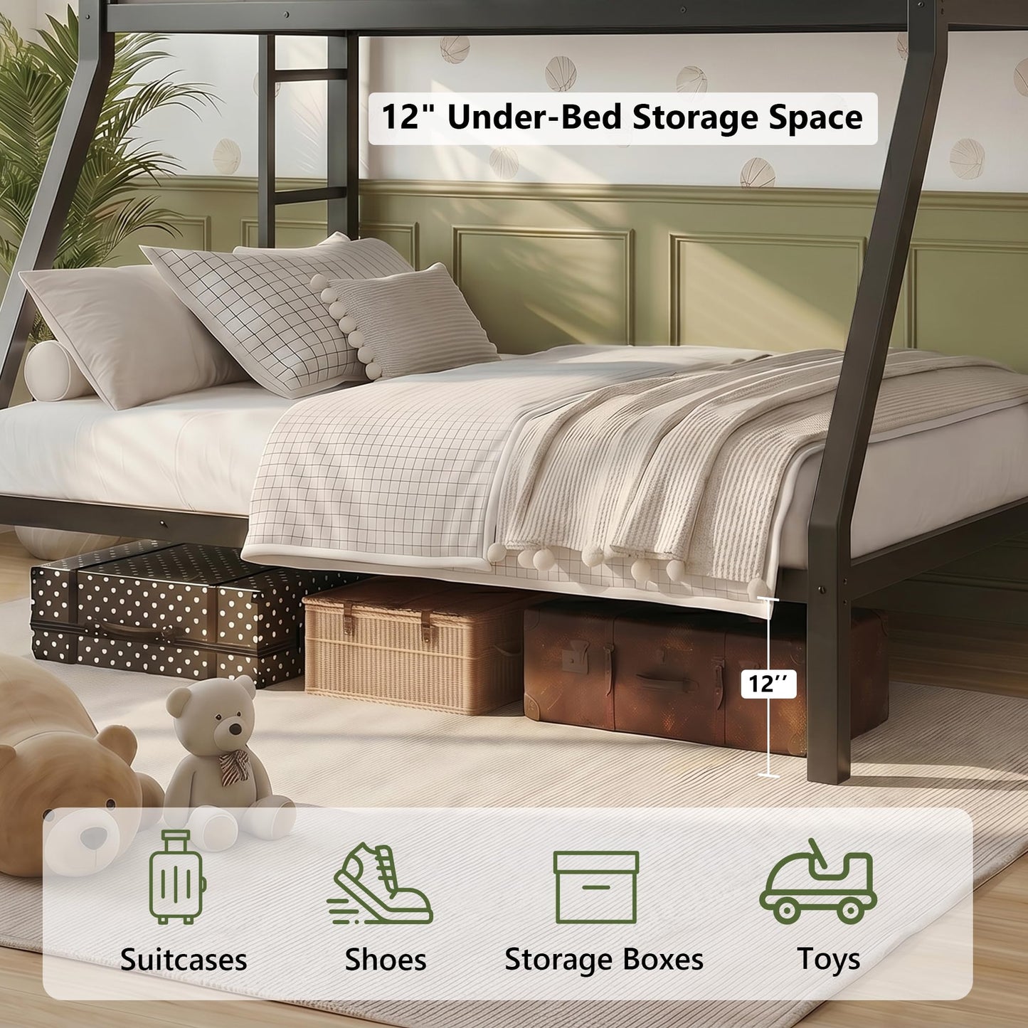 iPormis Heavy Duty Twin Over Full Bunk Beds, Metal Twin Bunk Bed Frame with 12.8" Guardrails, Loft Bed Frame for Kids and Teens, Reversible Ladder, Under Bed Storage Space, No Box Spring Needed, Black