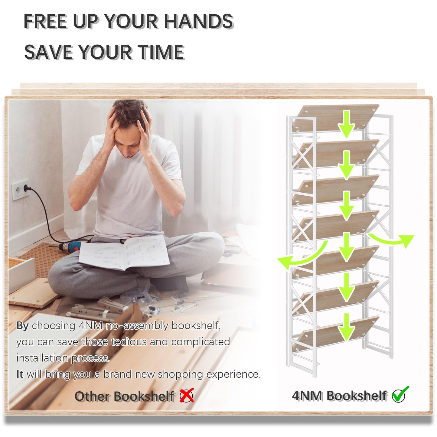 4NM 7 Tiers No Assembly Book Shelves, 72.4" H Folding Bookshelf Bookcase Open Industrial Foldable Shelves for Bedroom, Living Room, Home Office - Natural White