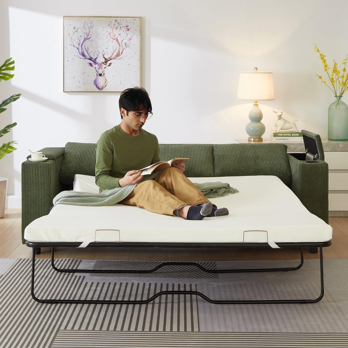 Eafurn 81" Convertible Loveseat Sofa Pull Out Couch with Queen Size Mattress Mattress Bed, 2 in 1 Corduroy Sleeper Sofa Couch Bed w/Cup Holders,Hidden Arm Storage Box,USB Ports