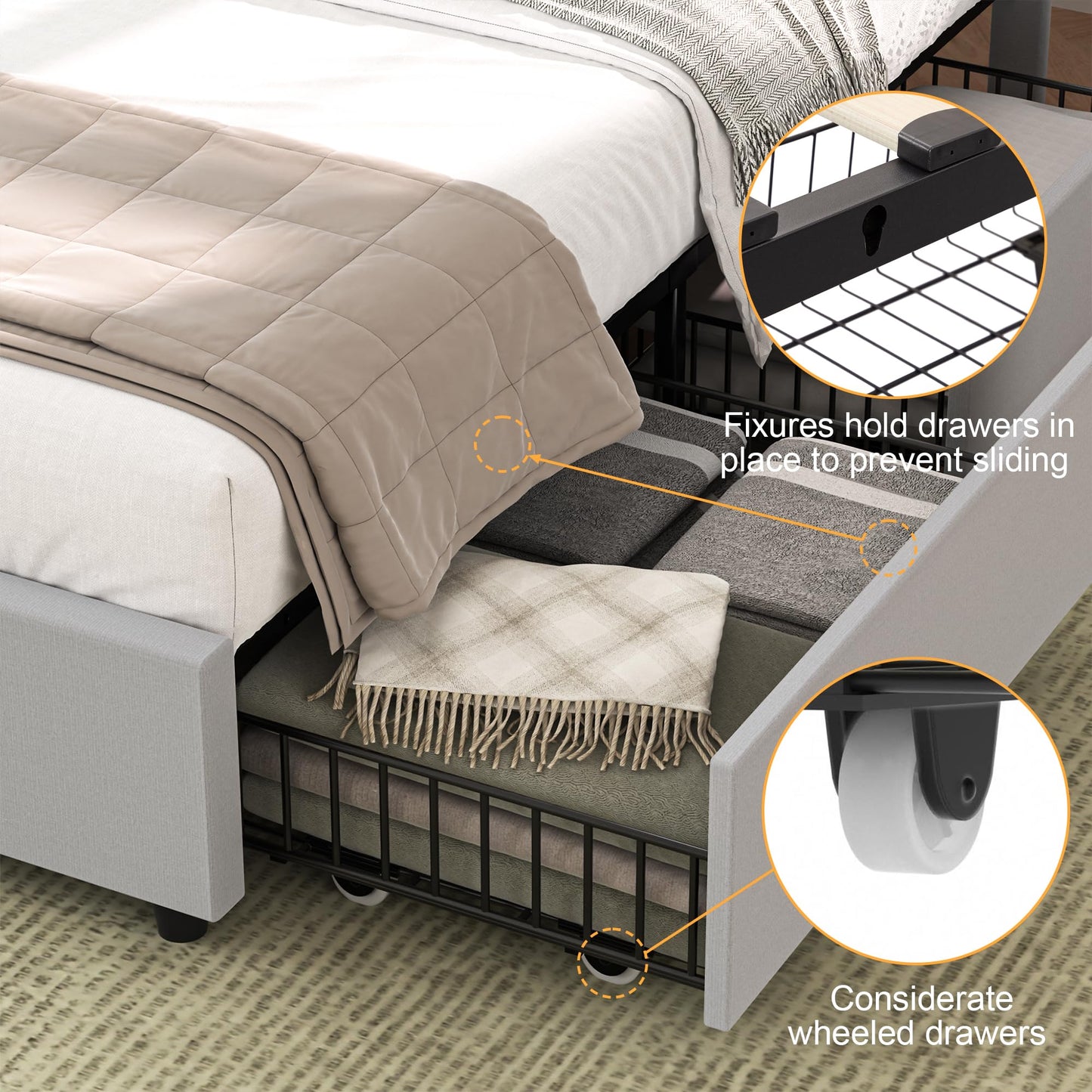 VECELO Queen Size Bed Frame with 4 Storage Drawers & Adjustable Headboard, Built-in Charging Station, Upholstered Bedframe with Wood Slats Support, Light Grey