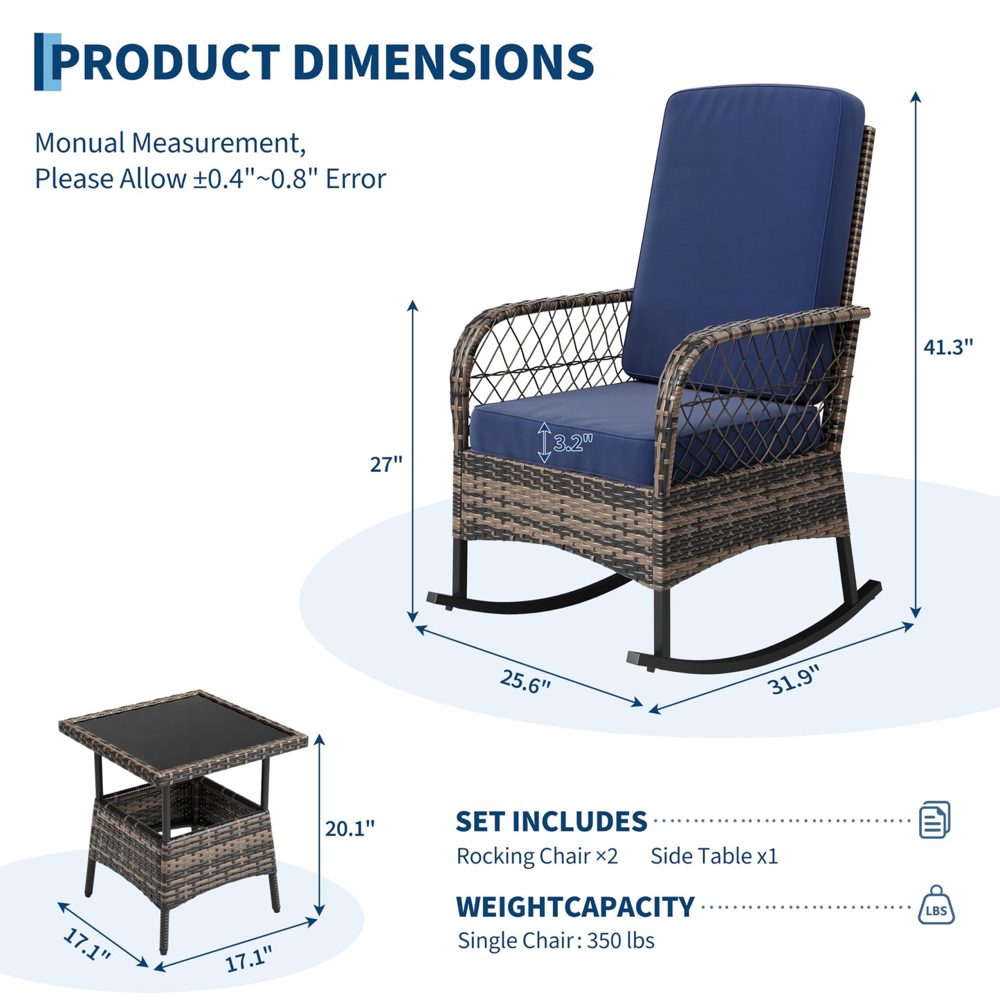 GarveeHome 3-Piece Outdoor Rocking Chair Set, Wicker Rattan Patio Furniture with Glass-Top Coffee Table, Modern Conversation Seating with Cushions for Porch, Backyard (Brown Rattan & Blue Cushion)