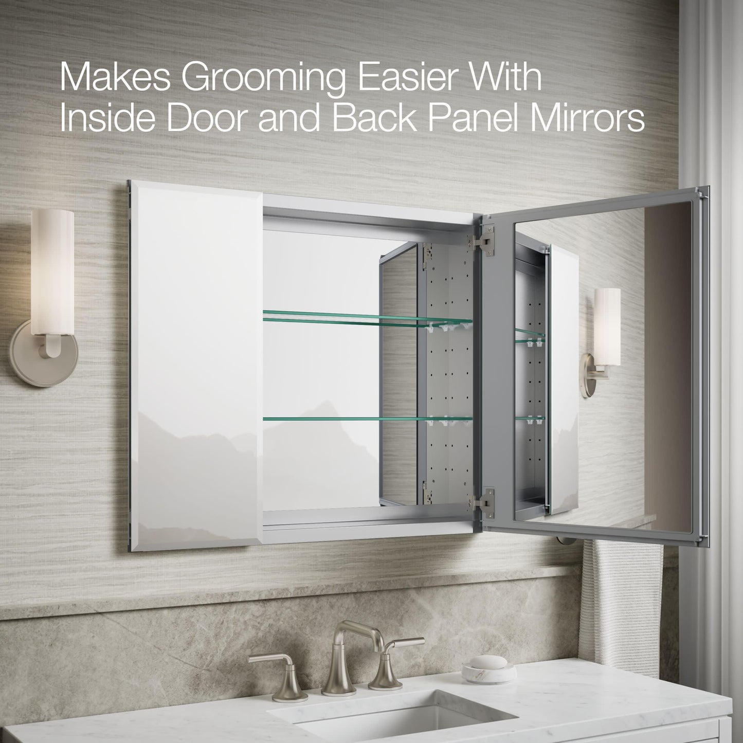 Kohler CB-CLC3026FS Bathroom Medicine Cabinet with Mirror, Beveled Mirror Doors, Adjustable Shelves, Rectangular Beveled Edge, 30 in. W x 26 in. H