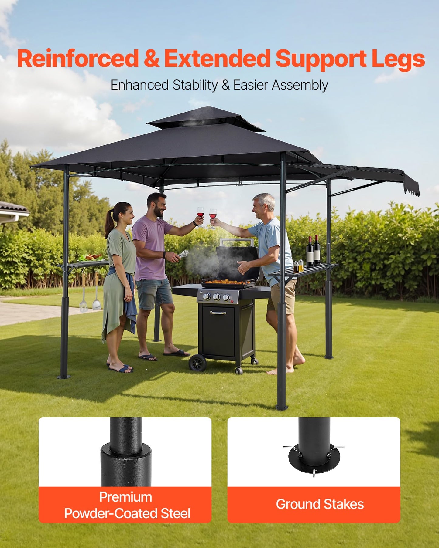 VEVOR Grill Gazebo, 8x5 ft BBQ Gazebo with Extra Awning, Double-Tiered Outdoor Grill Shelter, Thickened Support Legs, Powder-Coated Steel Grilling Canopy with Side Shelves, Bottle Opener & Hooks