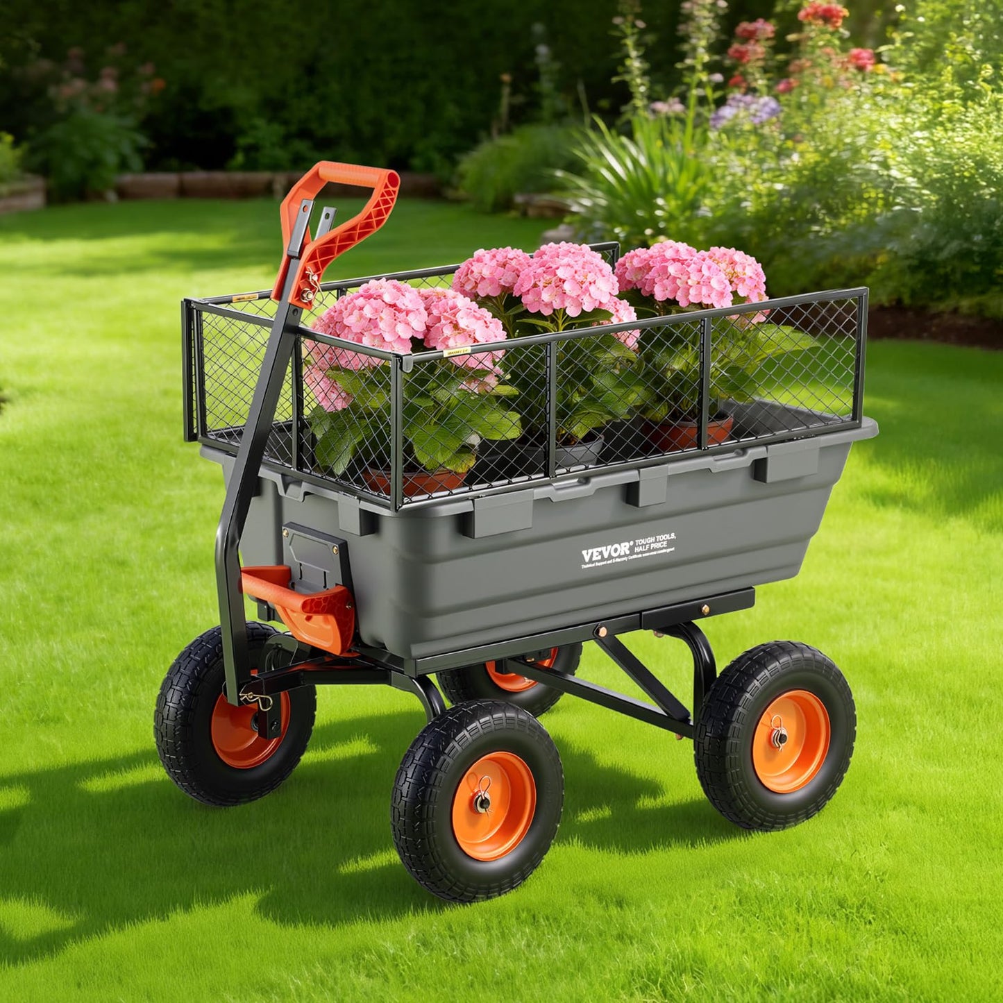 VEVOR 10 Cu.Ft 1200LBS Poly Garden Cart Dump Wagon, Heavy Duty Wheelbarrow with Convertible Handle and 13" Flat Free Tires, Outdoor Yard Wagon ATV Trailer Dump Cart Tow Behind for Lawn Mower Tractor