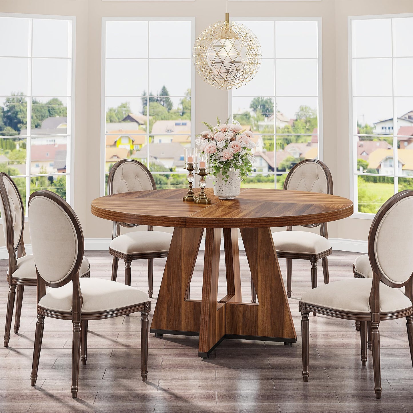 Tribesigns 47 inch Round Dining Table Wood Kitchen Table for Dining Room, 47" Dinner Room Tables for 4-6, Farmhouse Accent Furniture with Wooden Tabletop and Cross Base, Rustic Brown