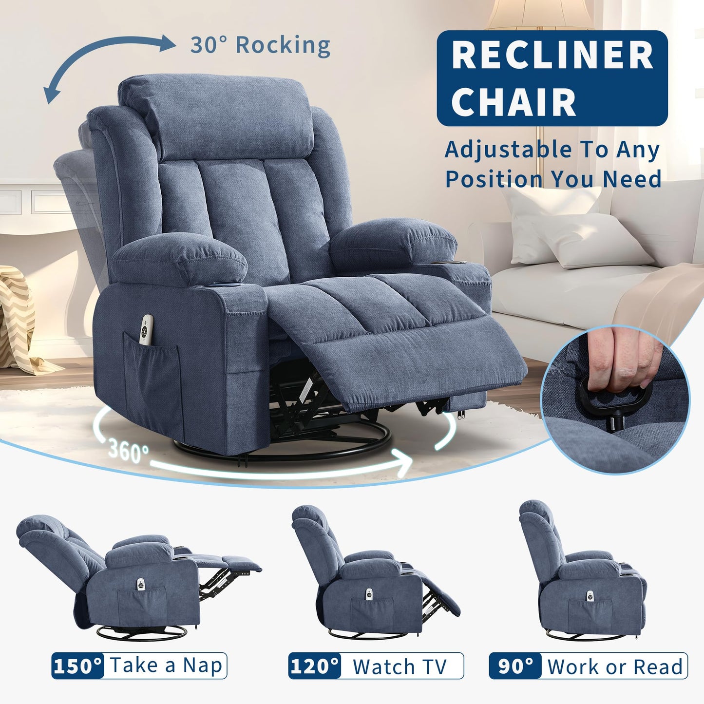 PeacefulHues Large Recliner Chair with Massage & Heat, Comfy Sofa Chair with 3 Positions, Side & Front Pockets, 2 Cup Holders for Living Room, Bedroom, Office, Lounge Area, Gray