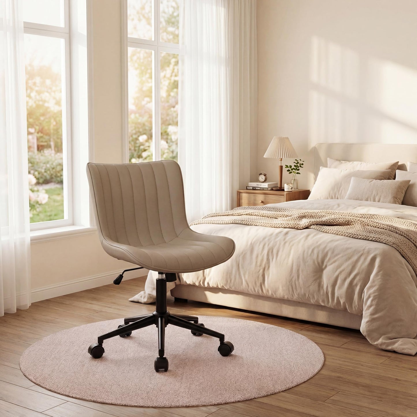 Kidol & Shellder Khaki Leather Home Office Desk Chair with Wheels Modern Cute Armless Executive Swivel Vanity Chair with Comfy Padded Back Ergonomic Rolling Adjustable Computer Task Chair Small