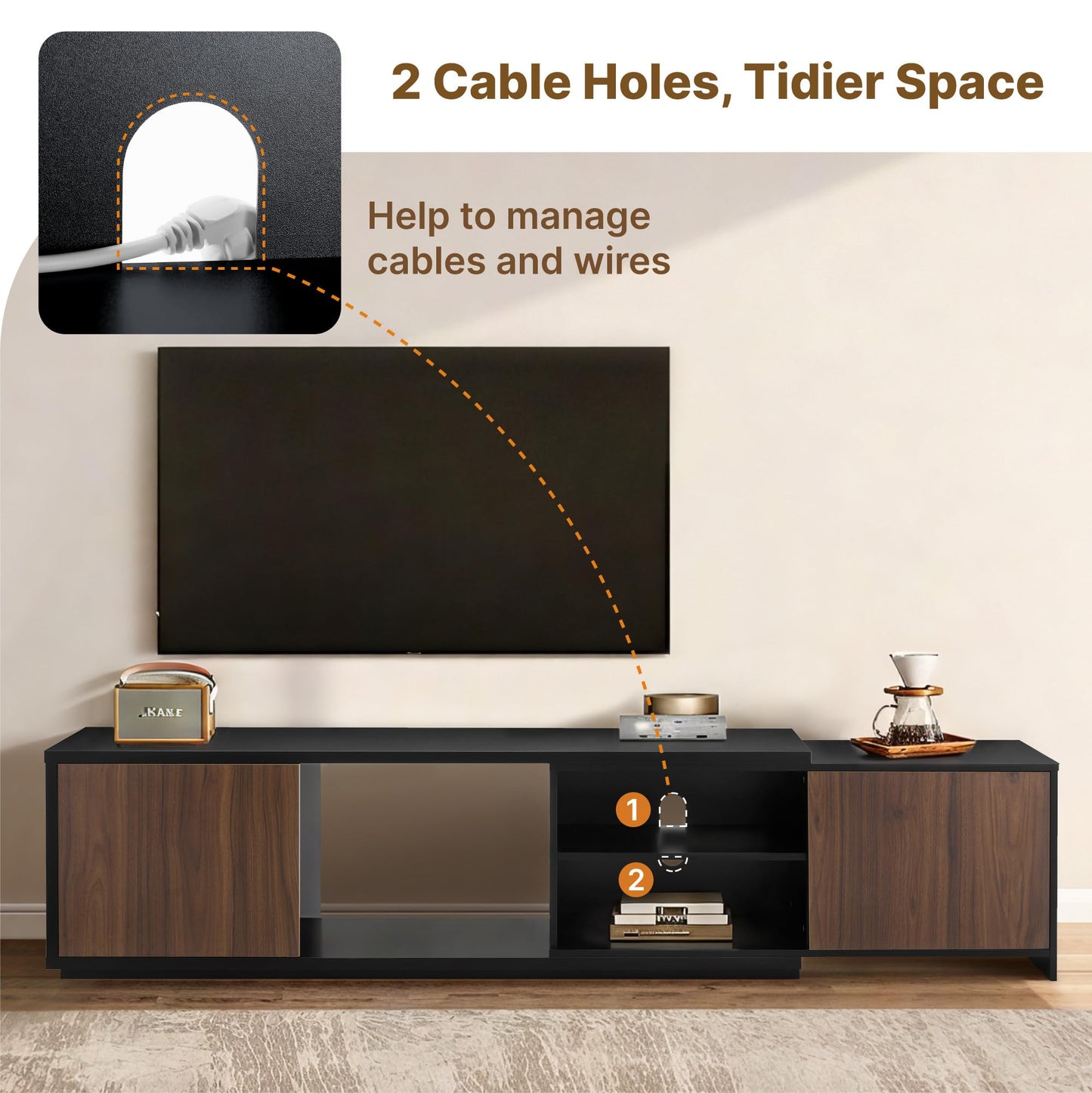 KISLOT Extendable TV Stand for TVs up to 90",Modern Entertainment Center with Adjustable Shelf,Television Stand with 2 Storage Cabinets,Wooden TV Media Console for Living Room Bedroom Black