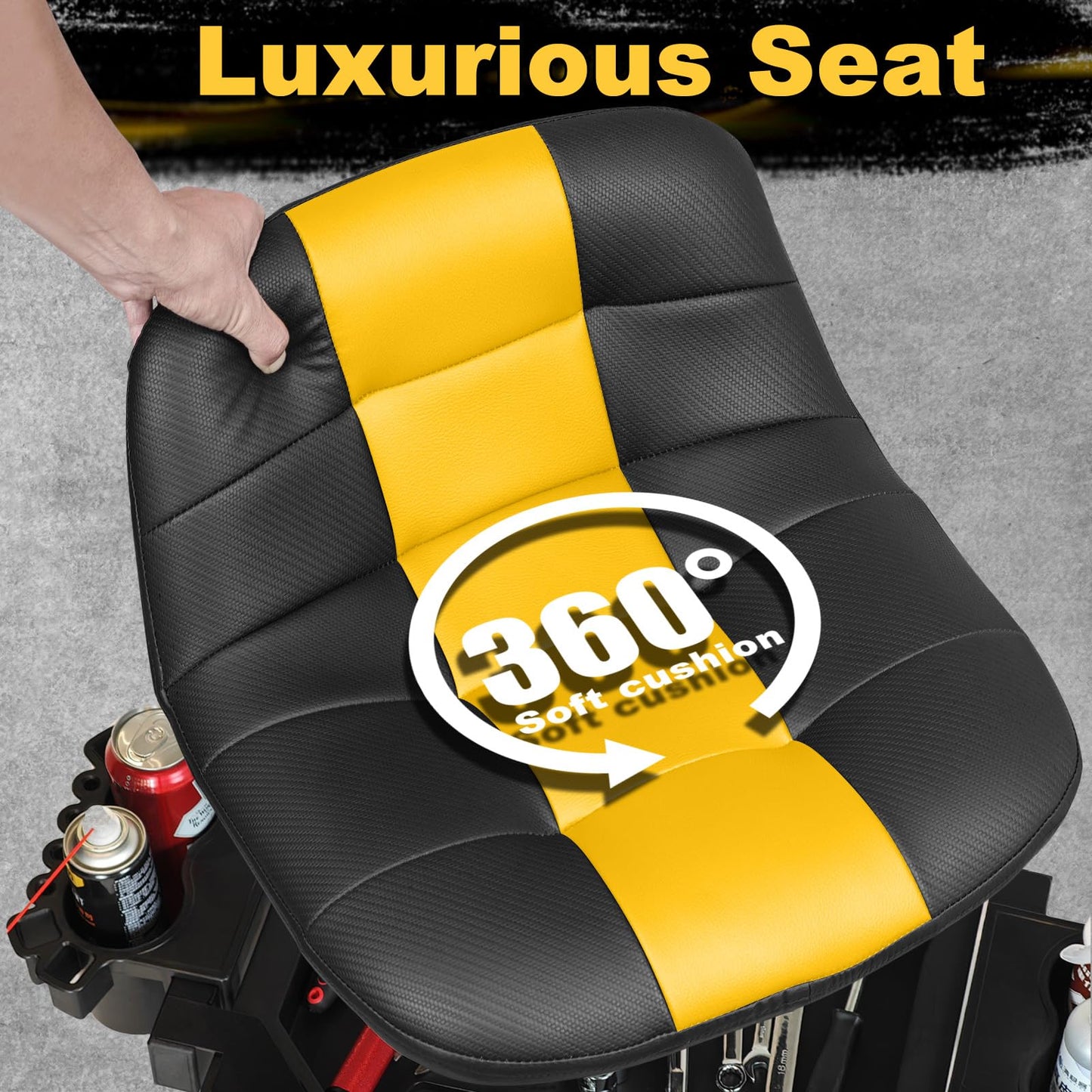 FREEKYROCK Rolling Stool with Wheels, Adjustable Height Pneumatic Garage Work Mechanic Stool Seat with Backrest, 400 LBS Capacity 360° Swivel Mechanic Crepper Chair with Tool Tray Storage, Yellow