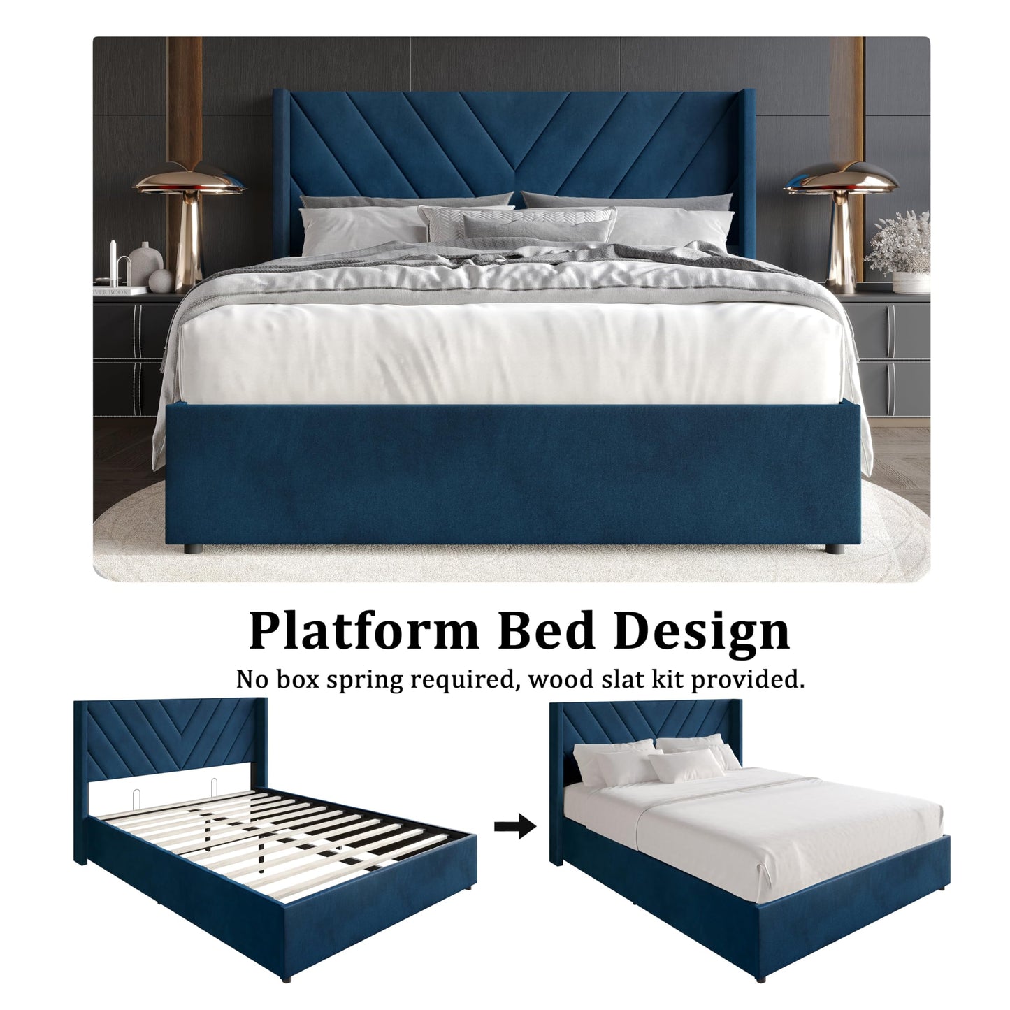 Castle Place Queen Wingback Velvet Upholstered Lift-Up Storage Platform Bed with Hidden Storage and V-Shape Stitching, Navy Blue