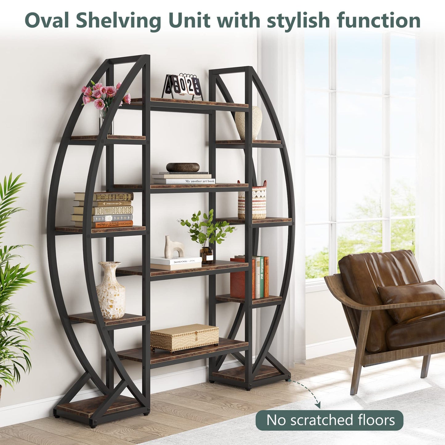 Tribesigns Oval Bookshelf, Triple Wide 5 Tier Etagere Bookcase, Industrial Display Shelves for Living Room (Brown, 55")