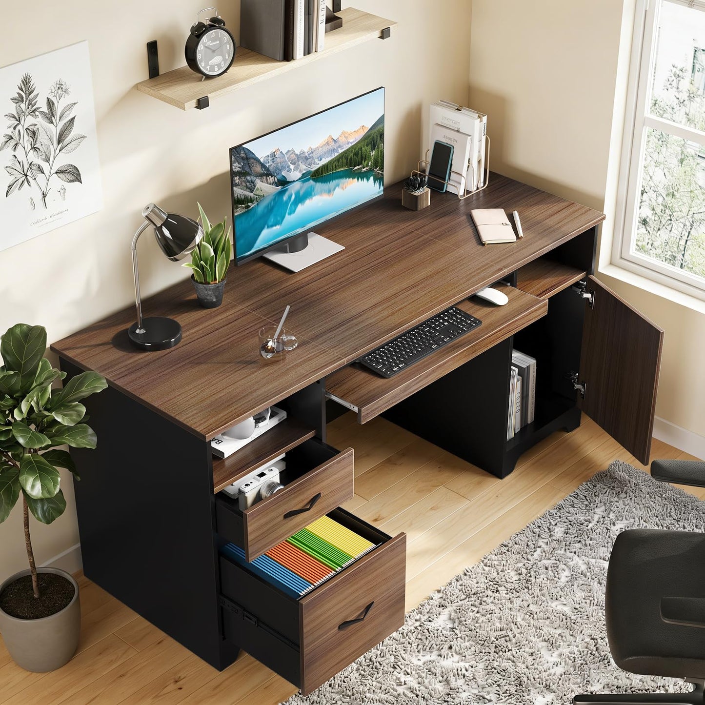 Bestier 59”Executive Desk with 2 Drawers,Computer Desk with Storage Cabinet,Industrial Wood Desk with File Drawer,Keyboard Tray & 2 Pedestals for Home Office & Studio,Cherry