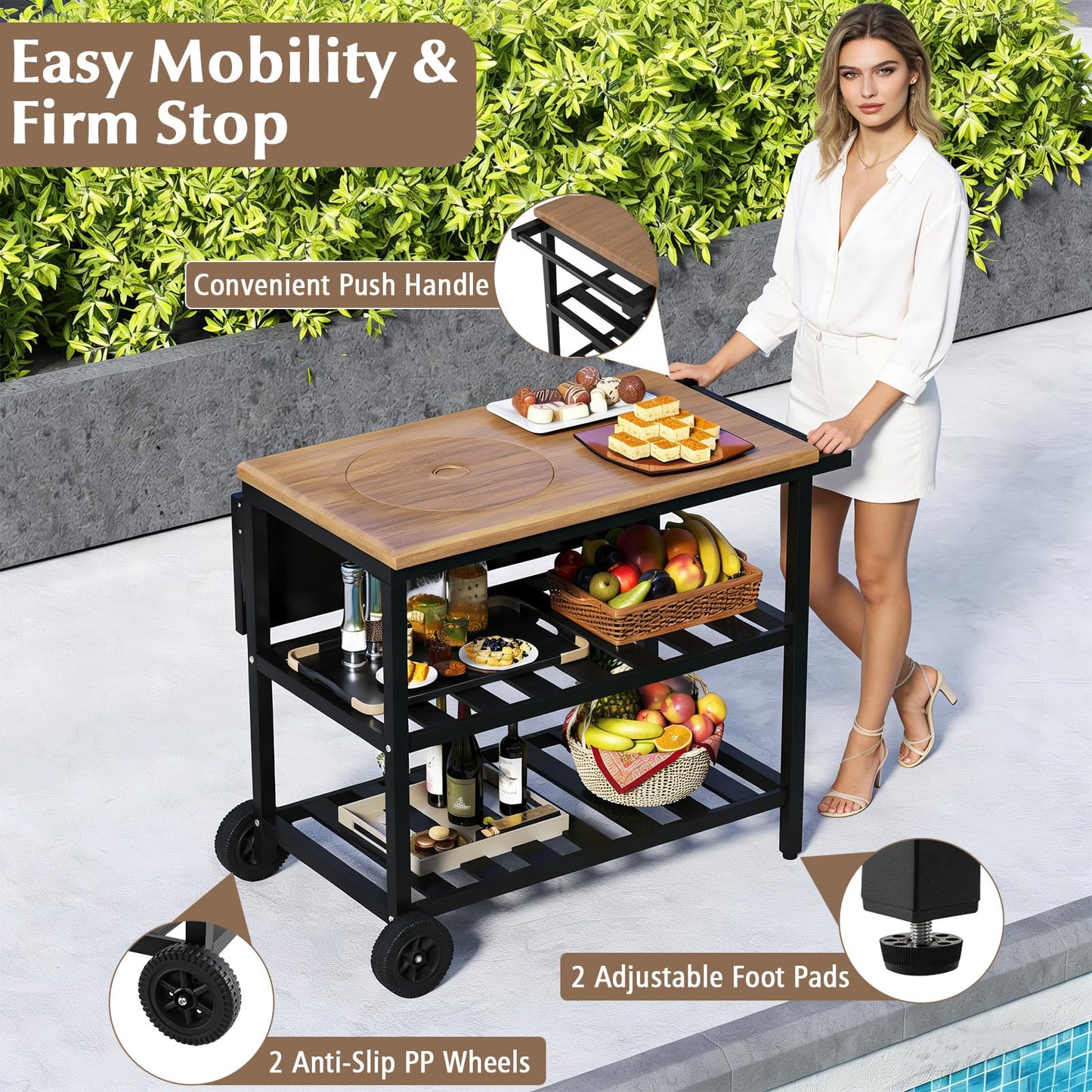 Giantex Outdoor Grill Cart with Korean BBQ Charcoal Grill, Dual Cooking Surfaces, Rolling Food Prep Table with Foldable Side Shelf, Storage Shelves, Wood-Look Top, for Patio, Party & Backyard Cooking