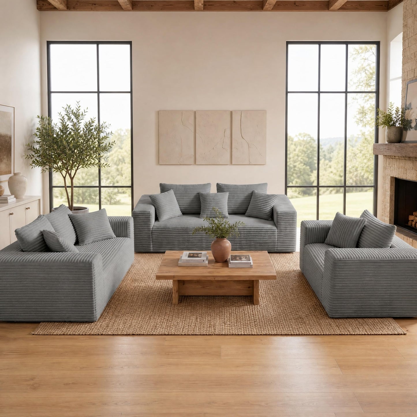 Trygoal 3-Pieces Sectional Boneless Couch Set for Living Room, Oversized Couch Including 3-Seater & 2-Seater & Single Chair, Deep Seat Sofa Set with Armrests & Pillows,No Assembly Required, Light Gray
