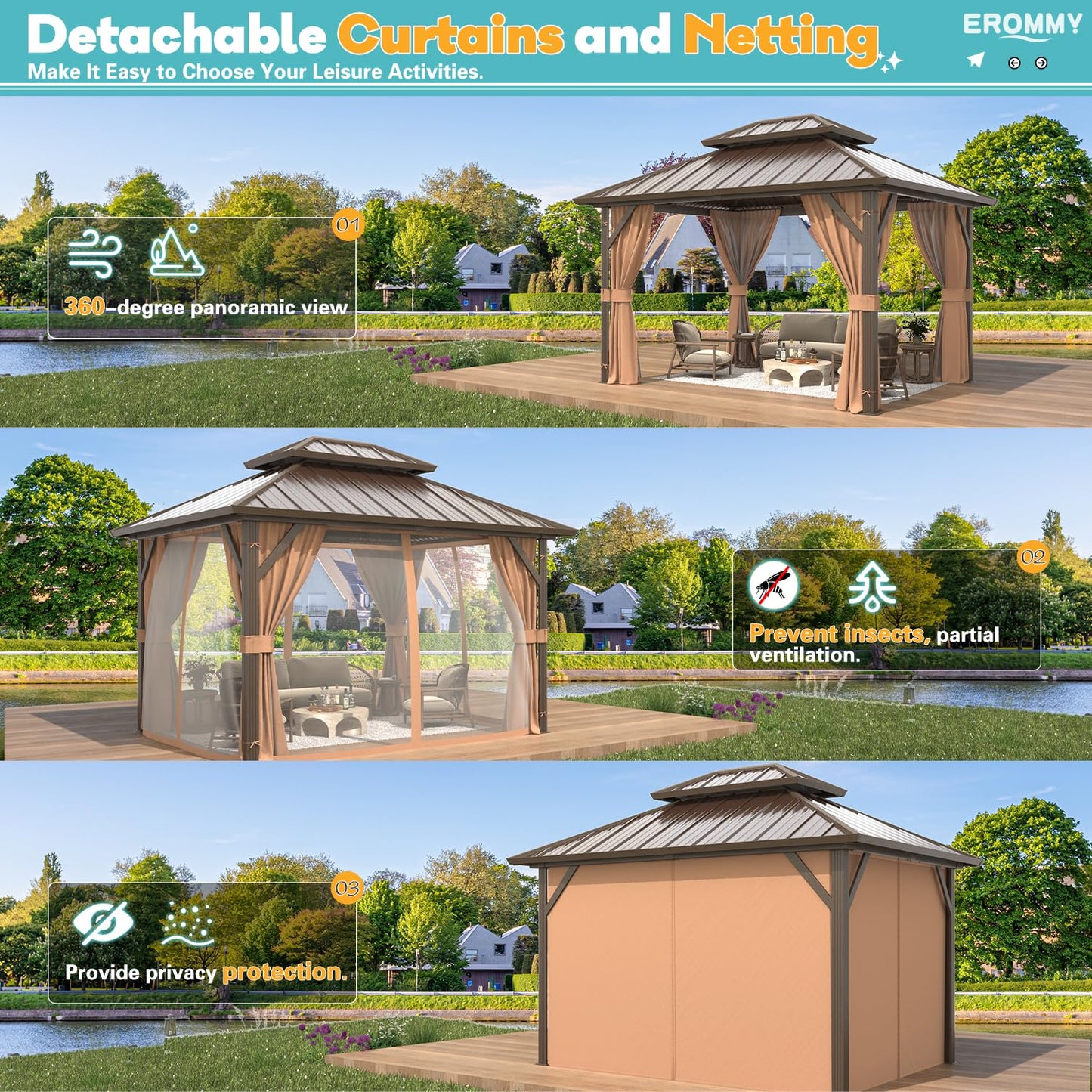 EROMMY 10' x 12' Hardtop Gazebo, Aluminum Frame Gazebos with Galvanized Steel Double Roof, Permanent Outdoor Metal Pavilion with Curtain and Netting for Patio, Lawn, Deck