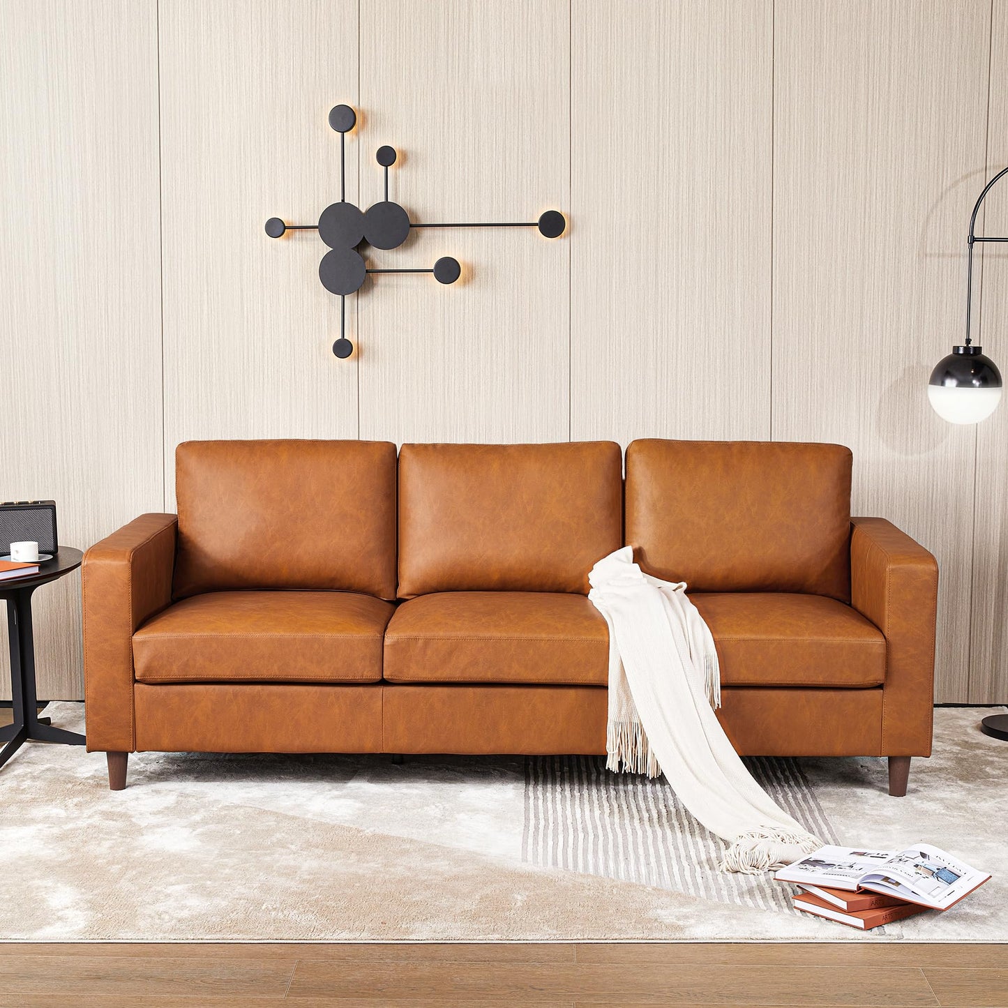 IDEALHOUSE Leather Couch 83 inch, Modern Sofa 3 Seater with Deep Seat & Padded Backrest, Faux Leather Couch with Armrests for Living Room, Bedroom, Office