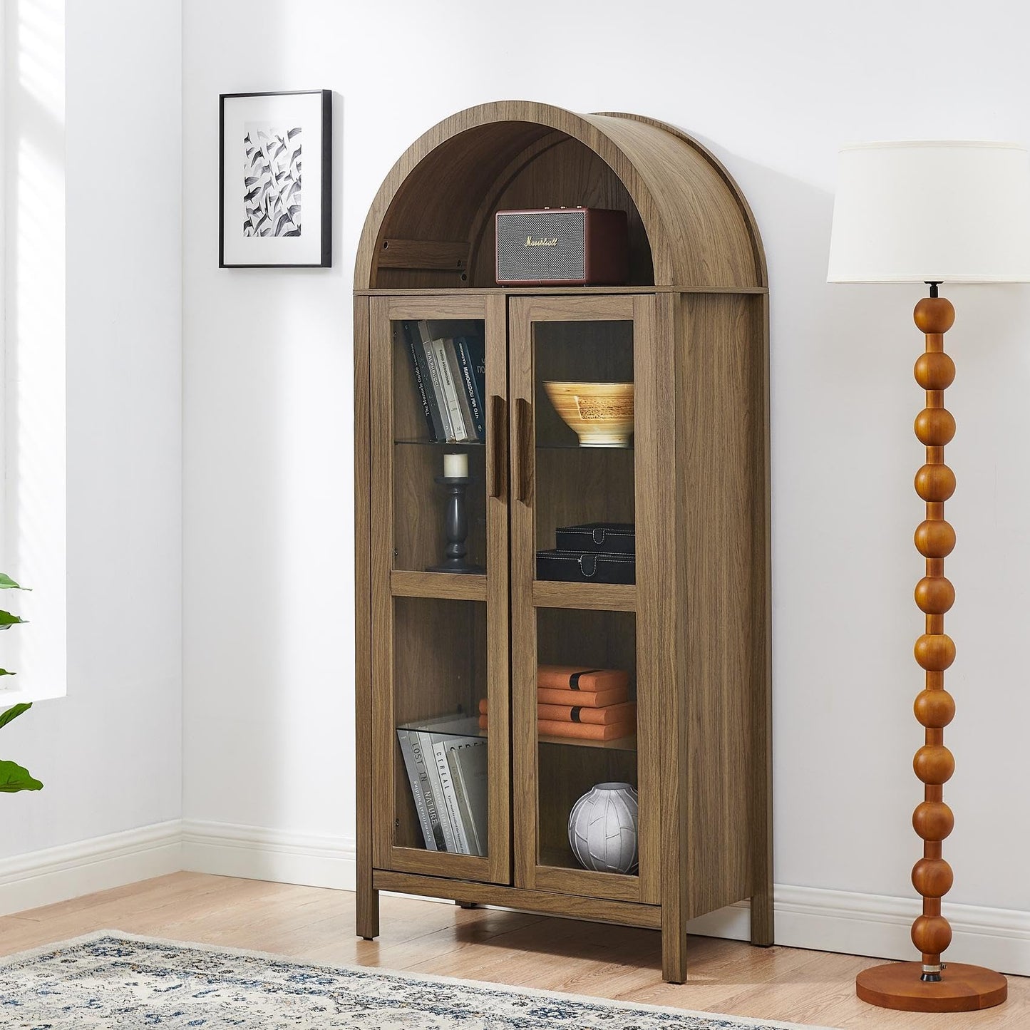 KEIKI 67" H Arched Display Storage Cabinet with Glass Doors, Adjustable Glass Shelf & LED Lights, Wood Retro-Style Curio China Collectibles Book Case Shelves Bookcase for Living Room, Home Office