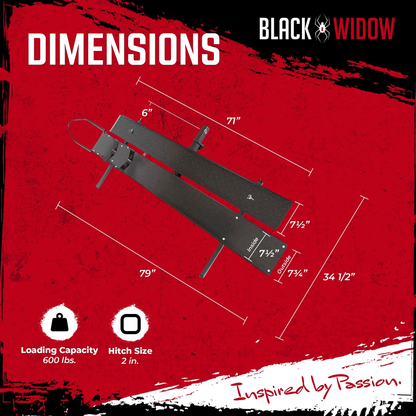 Black Widow Steel Motorcycle Carrier with Ramp for 2-Inch Receiver, 600 lb Capacity - Hitch-Mounted Dirt Bike and Scooter Hauler with Grit-Coated Track and Anti-Rattle Device for SUVs and Trucks