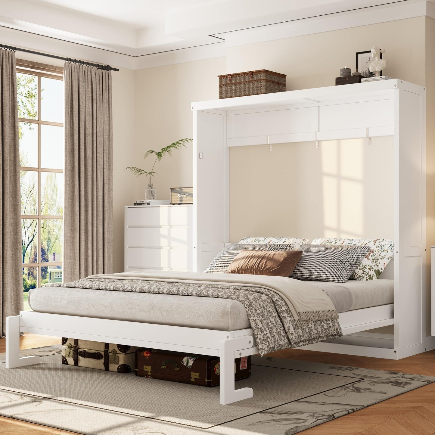 Full Murphy Bed Space-Saving Wall Bed, can be Folded into a Cabinet Bed for Multipurpose Guest Room or Home Office, White