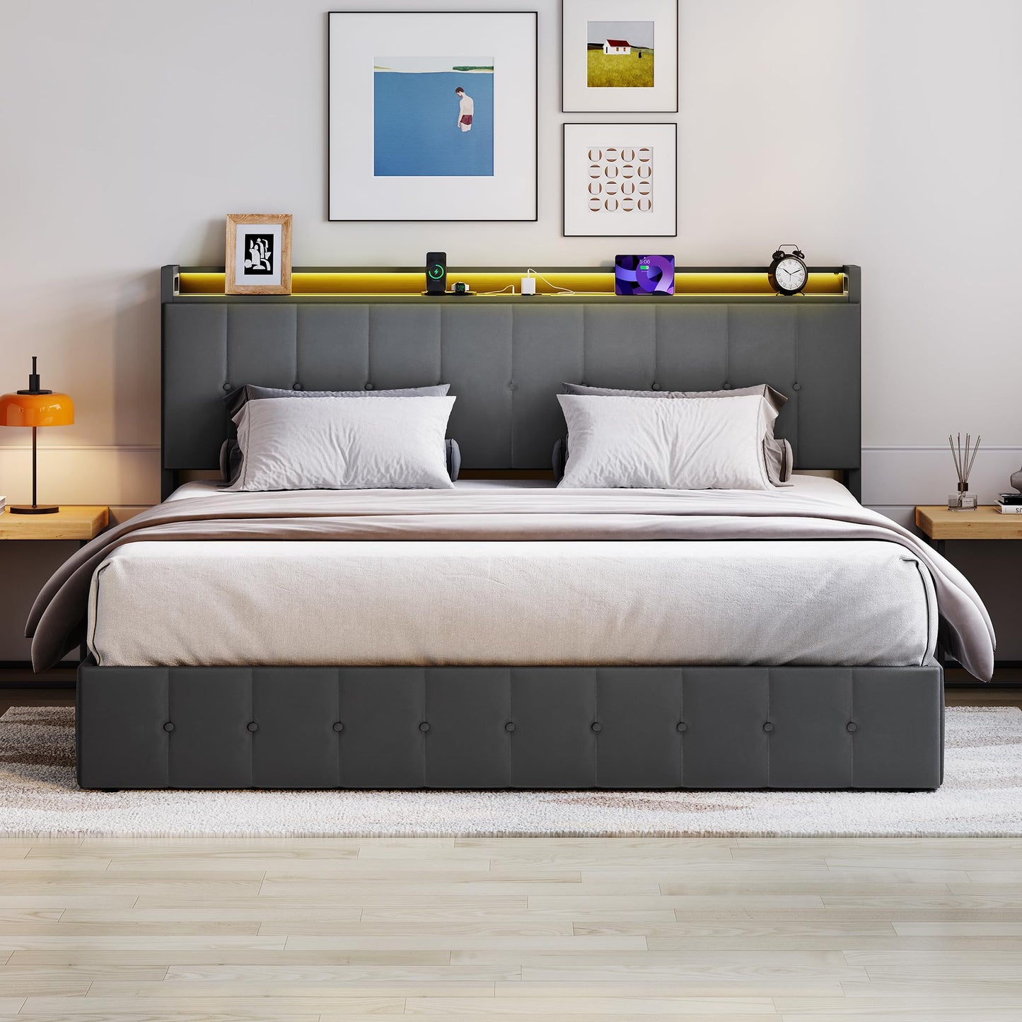 Garvee King Size Lift Up Storage Bed with LED Lights, Upholstered Velvet Bed Frame with Storage Headboard & Charging Station, Metal Platform Bed, No Box Spring Needed, Solid Wooden Slats, Grey