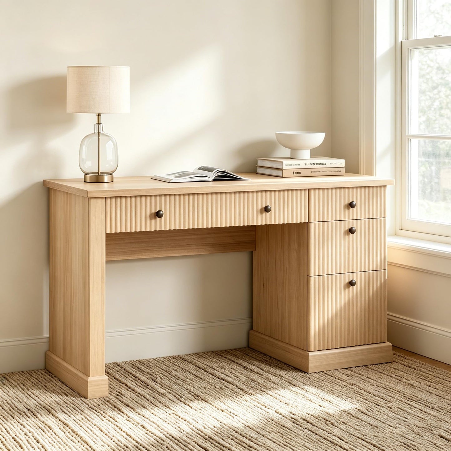 COZONY 54" Home Office Computer Desk with Drawers, Fluted Executive Desk with File Cabinet & Charging Station, Modern Wooden Writing Study Workstation for Study Room