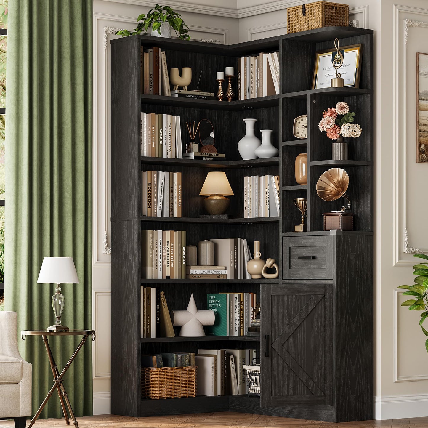 Garvee 74'' Tall Corner Bookshelf - 6-Tier Book Shelf with Drawer and Cabinets, l-Shaped Bookcase Open Storage Shelves Modern Display Shelf for Home, Office