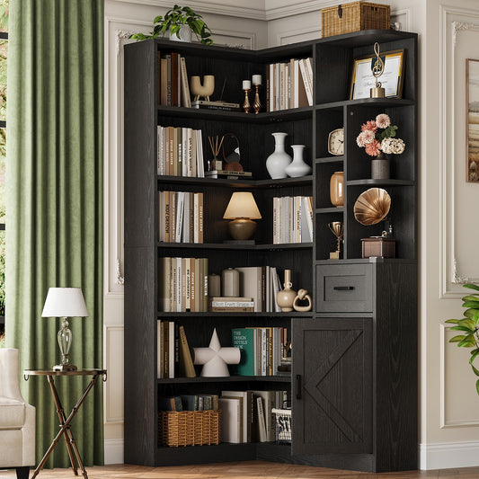 Garvee 74'' Tall Corner Bookshelf - 6-Tier Book Shelf with Drawer and Cabinets, l-Shaped Bookcase Open Storage Shelves Modern Display Shelf for Home, Office