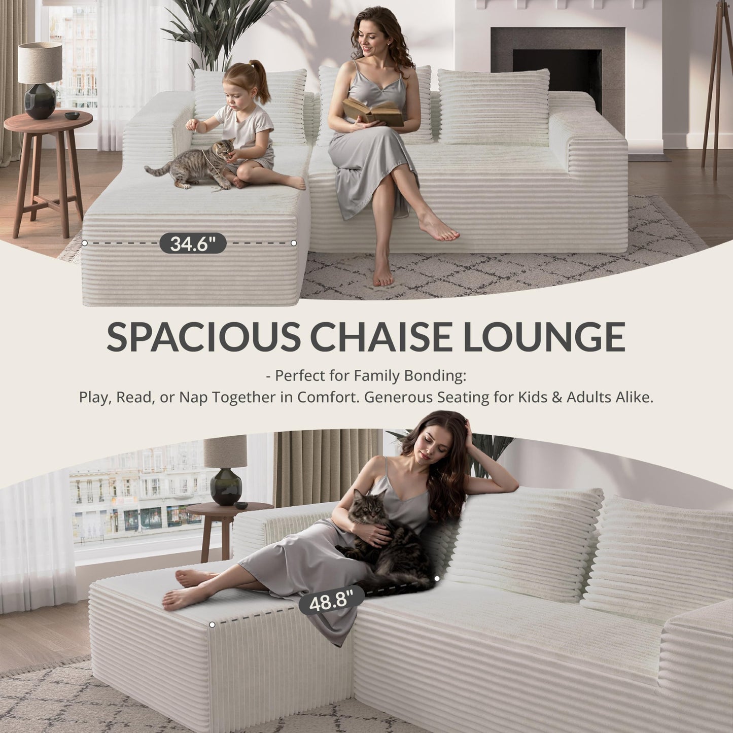 Attalee Modular Sectional Sofa for Living Room, L Shaped Compressed Corduroy Sectional Boneless Couches with Deep Seat and 4 Storage Pockets, Easy Assembly, White
