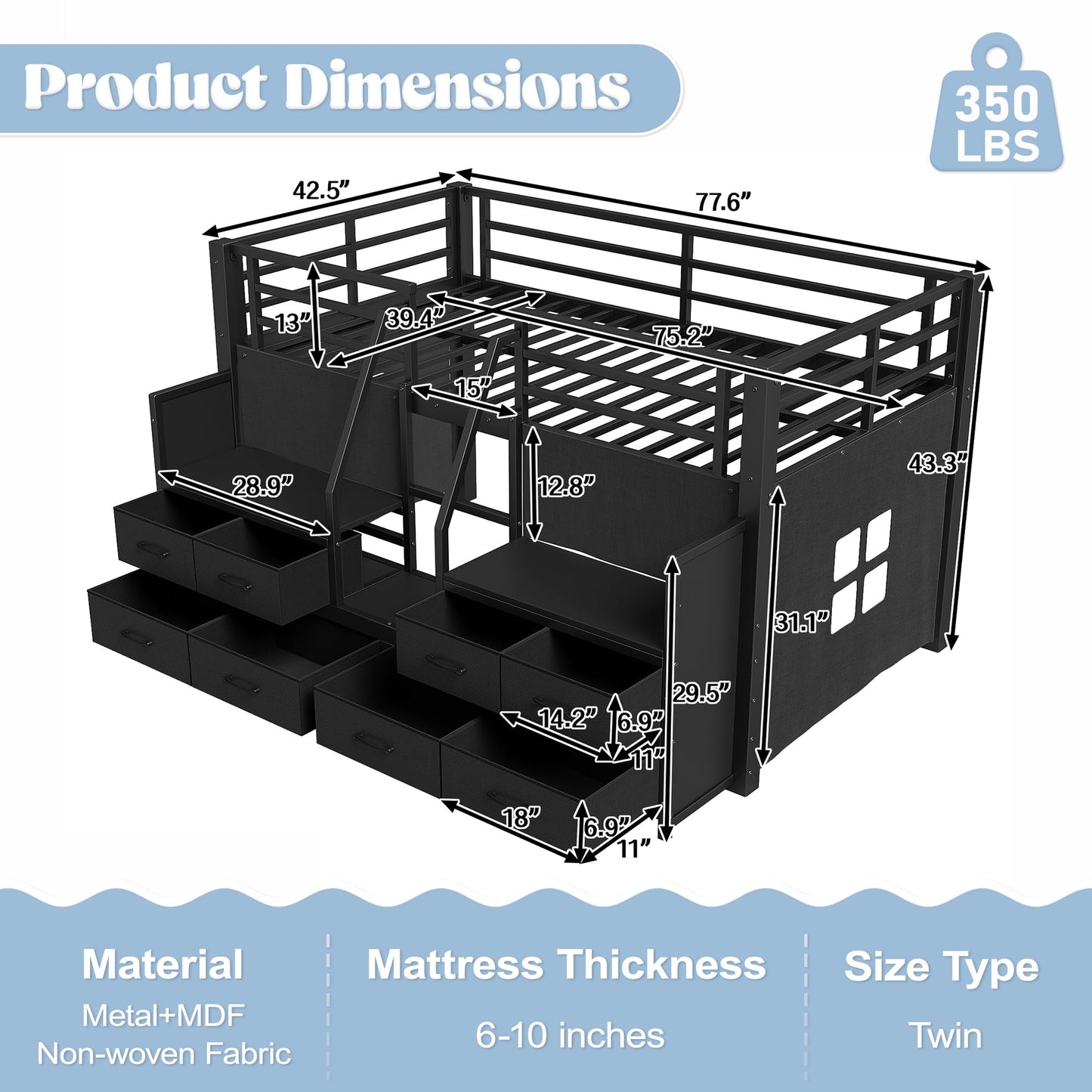 Bellemave Twin Size Low Loft Bed with 8 Drawers, Storage Shelves & LED Lights, Metal Low Loft Bed Frame with Multi-Storage & Under-Bed Spaces for Kids Girls Boys, Black