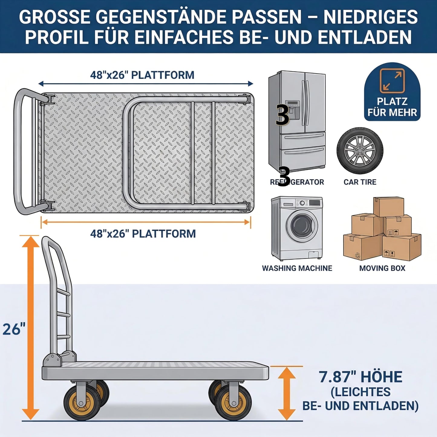48" x 26" 2-in-1 Platform Truck Cart, 3650lbs Heavy Duty Flatbed Cart Dolly with Wheels, Industrial Cold Rolled Steel Push Cart for Warehouse & Moving, Includes 2 Pairs Gloves & Bungee Cord