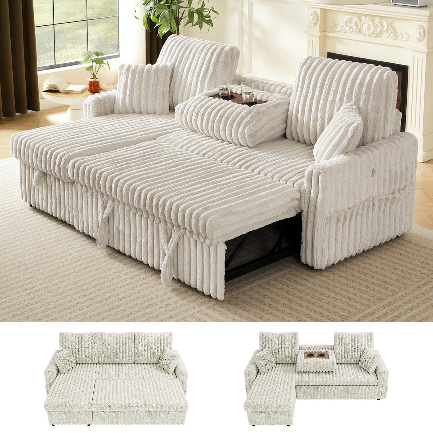 KCGKCG Sleeper Sofa Bed, 81” Pull Out Couch Bed, 3 in 1 L-Shaped Couch with Charging Station, Cup Holder, Side Pocket, Couches for Living Room(Plush Beige)