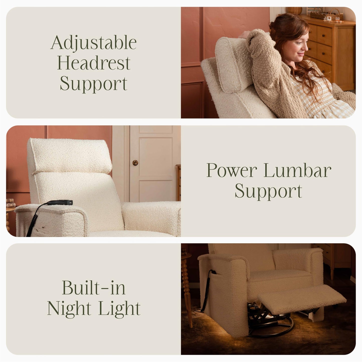 Namesake Willa Deluxe Power Recliner & Swivel Glider with Heat & Massage in Performance Ivory Boucle, Built-in USB Charging Port, Adjustable Headrest | Greenguard Gold & CertiPUR-US® Certified