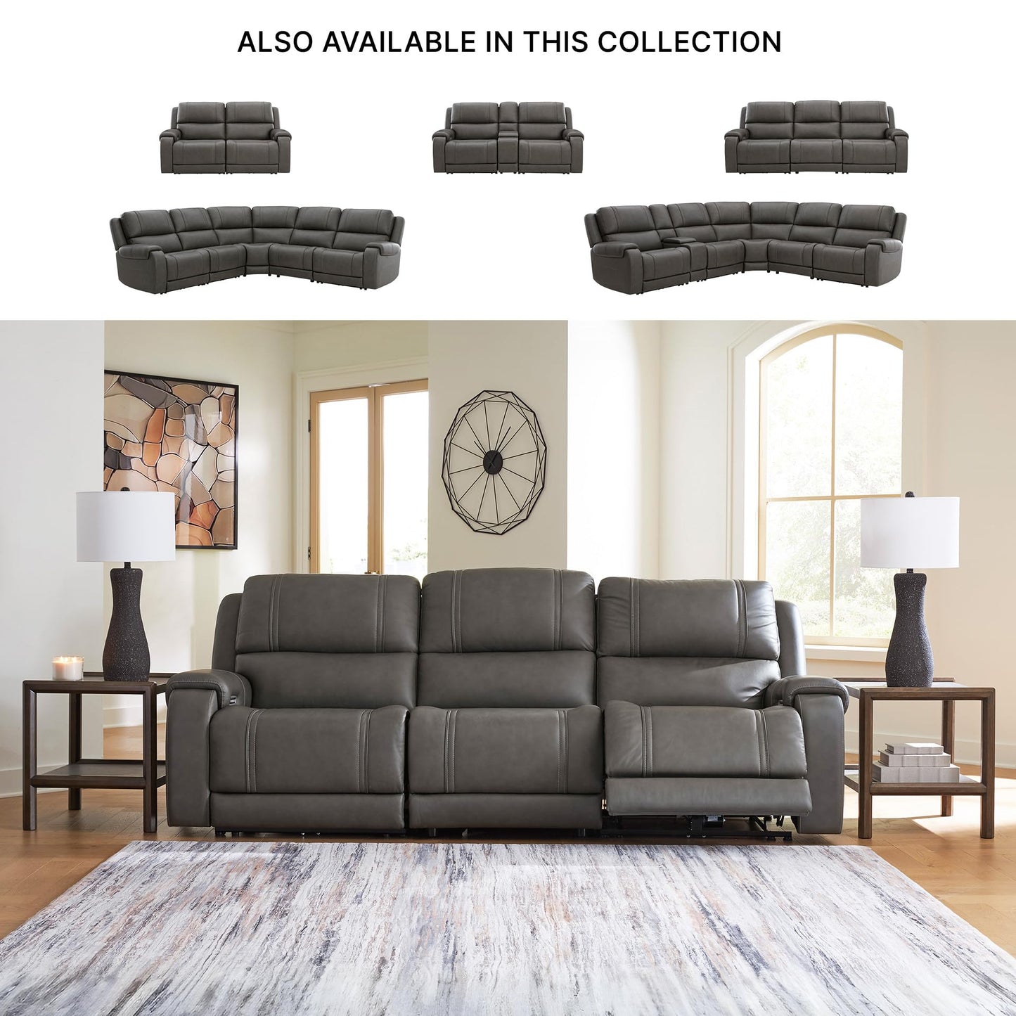 Signature Design by Ashley 5Z-Harrenhurst Transitional Leather Match 3-Piece Power Sectional Reclining Sofa with Adjustable Headrest, USB Ports, Heat and Massage Functions, Gray