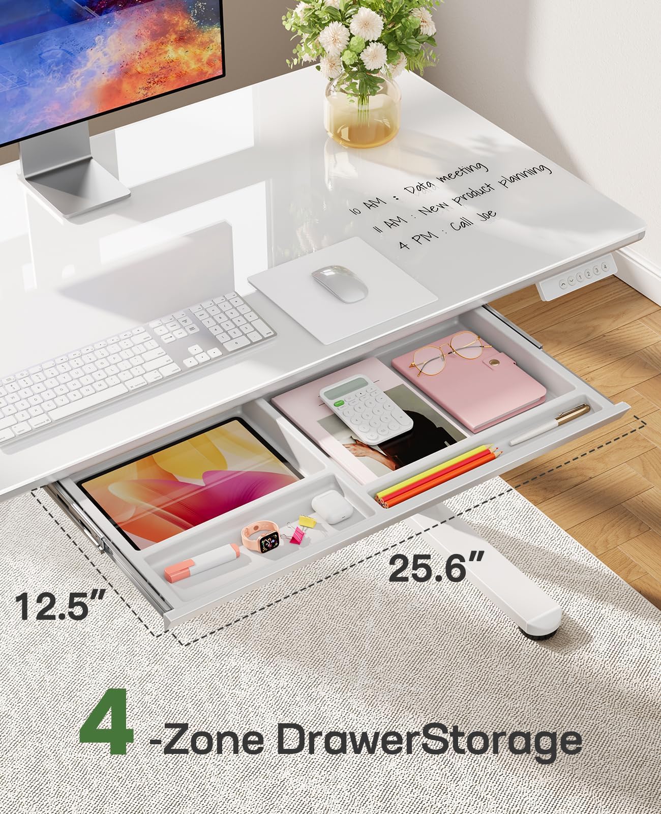 Marsail Glass Electric Standing Desk with Drawer, 40 x 24 Inches Height-Adjustable Desk, One-Piece Tempered Glass Top, Ergonomic Home Office Sit Stand Desk with 4 Preset Heights, White