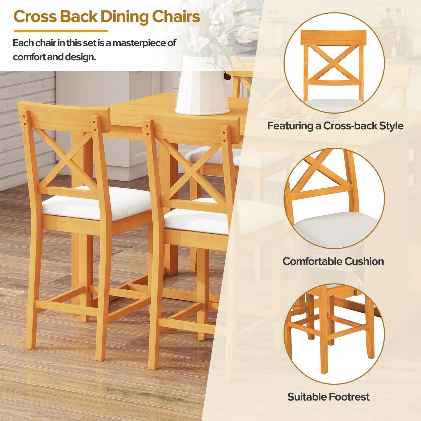 Merax 5 Piece Solid Wood Farmhouse Counter Height Dining Table Set with 3-Tier Storage Shelves,Upholstered Cross-Back Dining Chairs for 4,Rustic Dining Furniture for Kitchen,Dining Room,Brown