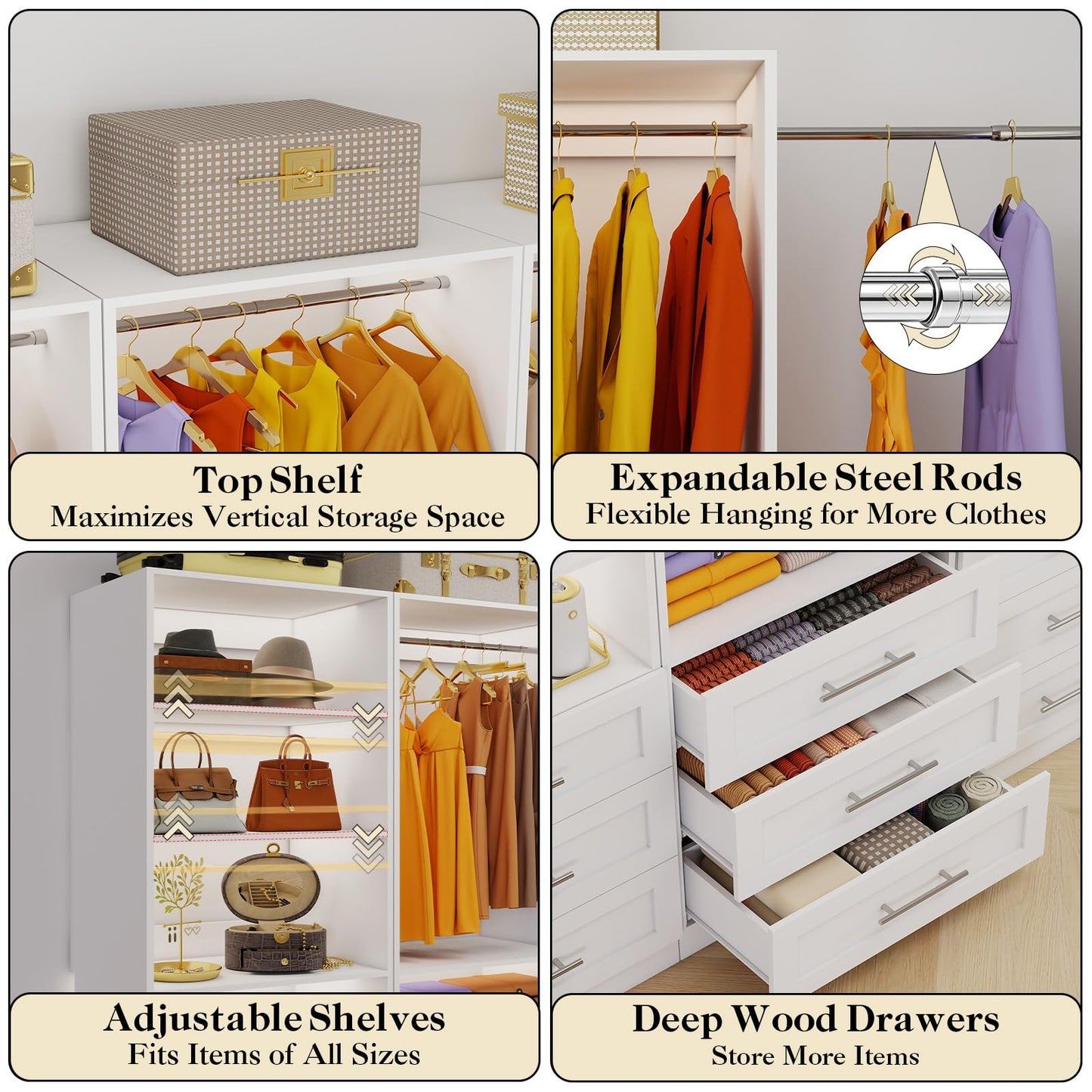 Closet System with 4 Sets, 8-21FT Closet Organizer System with 9 Drawers & 6 Shelves & 8Hanging Rods, Custom L-Shaped Walk in Closet Organizers and Storage System, Modular Closet Shelving System,White
