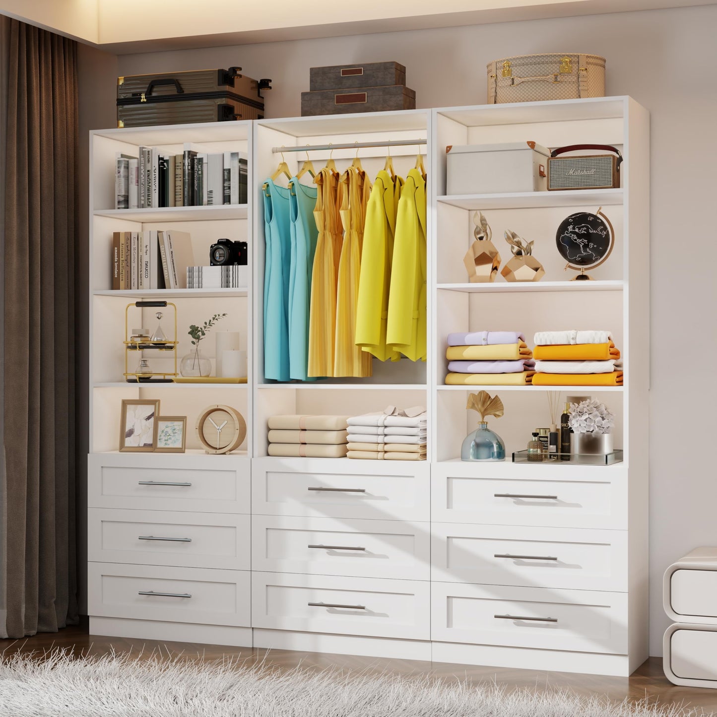 Closet System with 3 Sets, 6–15 FT Closet System with 9 Drawers, 9 Shelves & 4 Adjustable Hanging Rods, Max 189.3" Closet Organizer Systems for Walk-in Closets, Modular Custom Closet Tower, White