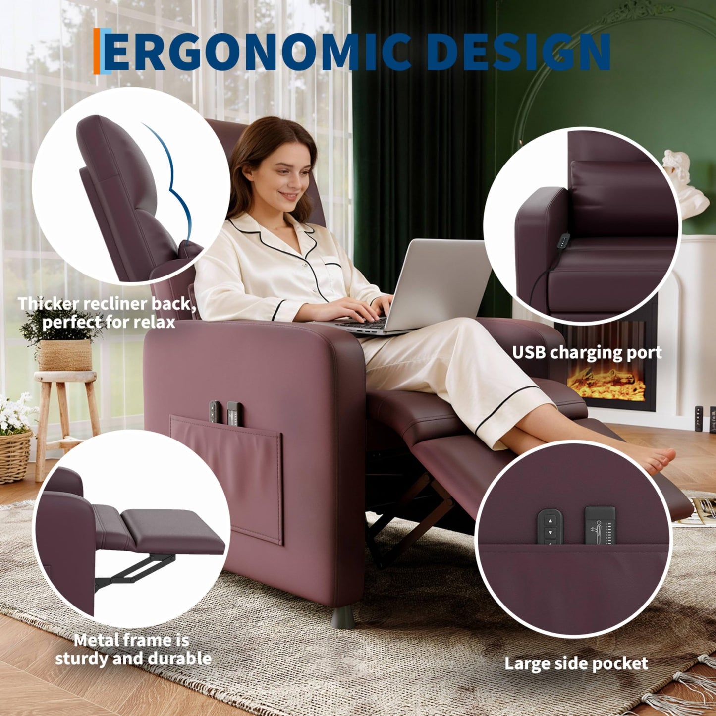 GarveeHome Power Recliner Chair - Heat and Massage, Adjustable Electric Recliner Ergonomic PU Leather Single Sofa, Tall Back, Padded Seat, Home Theater Seating for Living Room