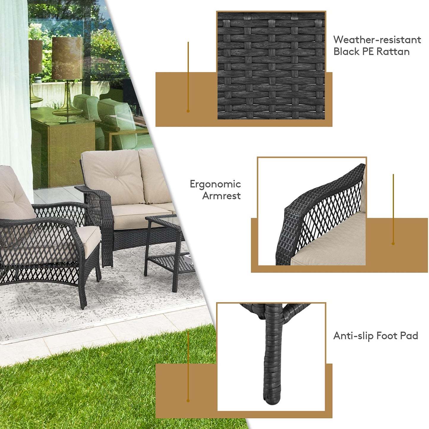 Tangkula 4 Pieces Outdoor Patio Furniture Set, Patiojoy PE Wicker Conversation Sofa Set with Tempered Glass Coffee Table, Sectional Rattan Patio Sofa Set for Garden, Backyard, Poolside (Beige)