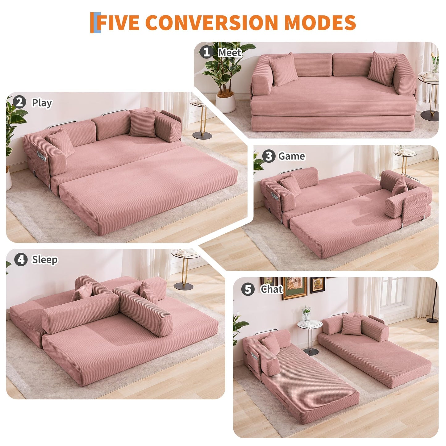 GarveeLife 78.8" Modular Corduroy Sofa Bed,5 in 1 Convertible Futon Floor Couch with Pull-Out Sleeper,Multi-Functional Futon for Living Room Guest Room & Small Spaces