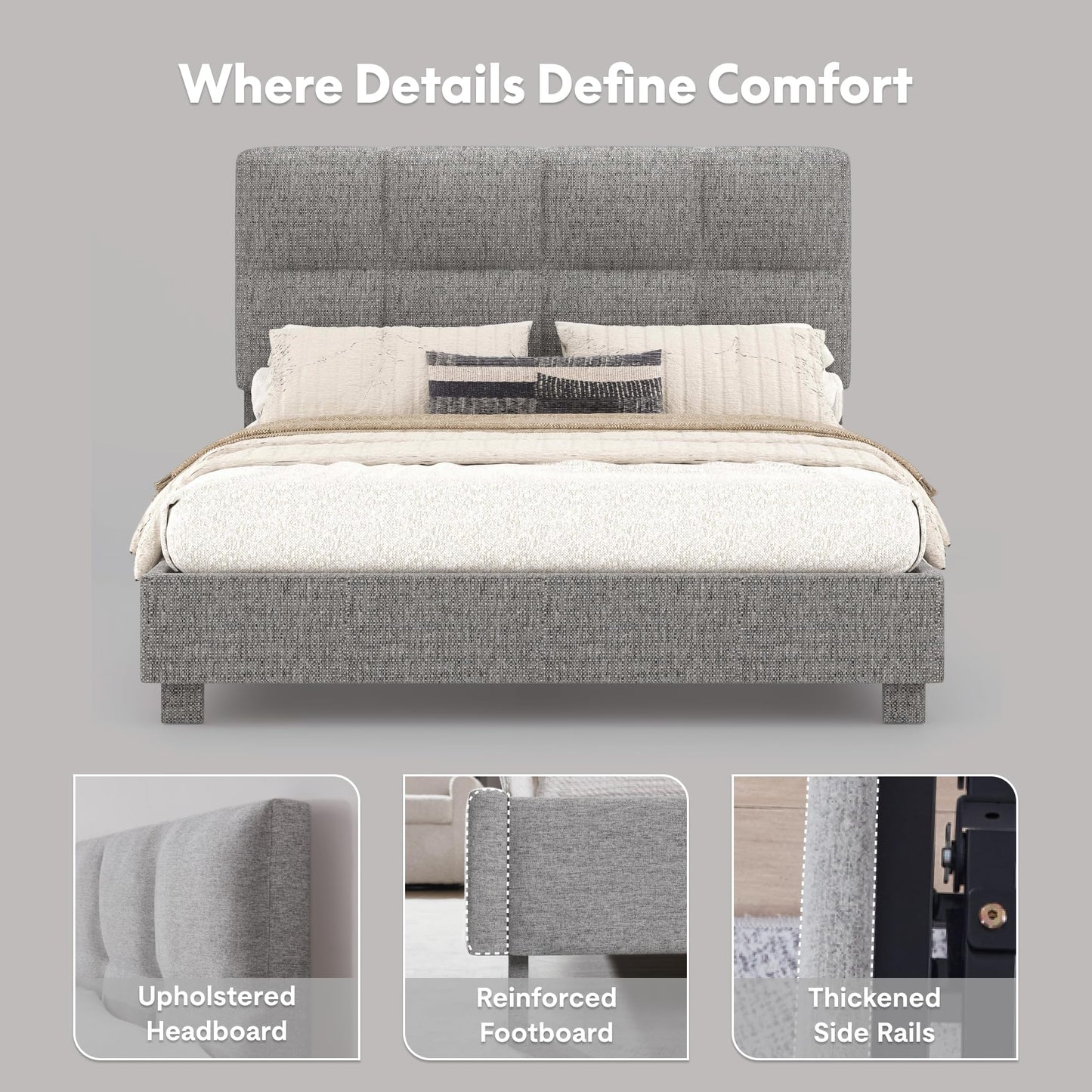 FLEXISPOT Adjustable Bed Frame Queen with Upholstered Square-Tufted Headboard and Footboard, Synchronized Head & Foot Lift, All-in-One, Design, 5-Year Motor & 10-Year Frame Warranty, Light Grey