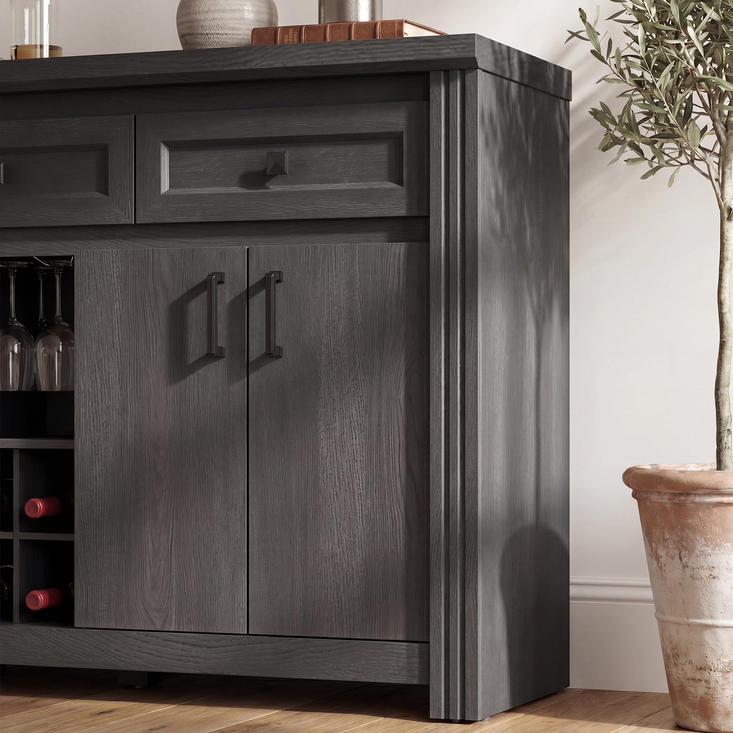nesture. 55" Buffet Sideboard with Power Outlet, Farmhouse Wood Coffee Bar Cabinet with Wine Rack, Glass Holder, Ajustable Shelves for Kitchen, Black