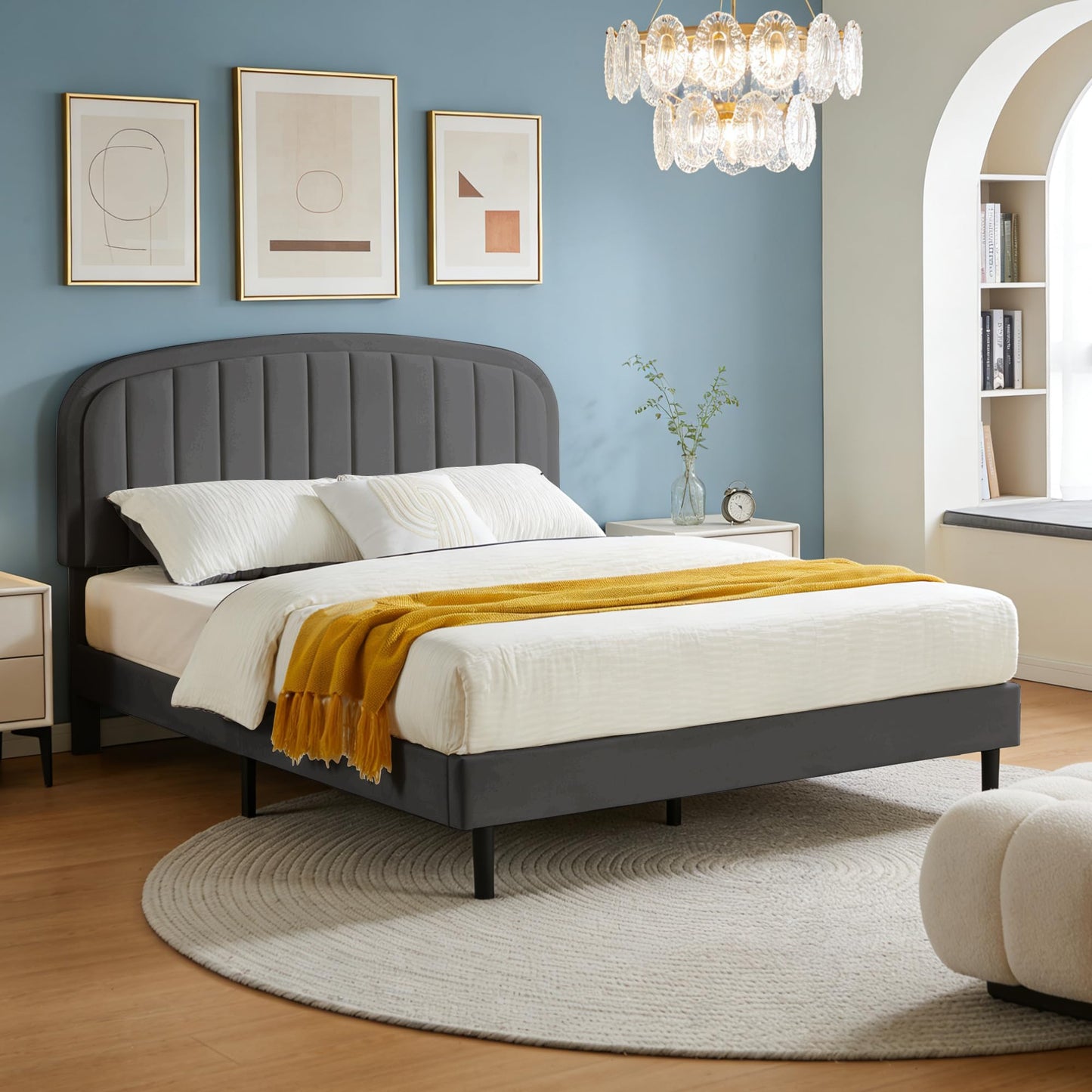 Furnify King Size Bed Frame, Velvet Upholstered Platform Bed with Vertical Channel Tufted Headboard, Rounded Corners Design, Metal Bedframe with Wooden Slat, No Box Spring Required, Grey