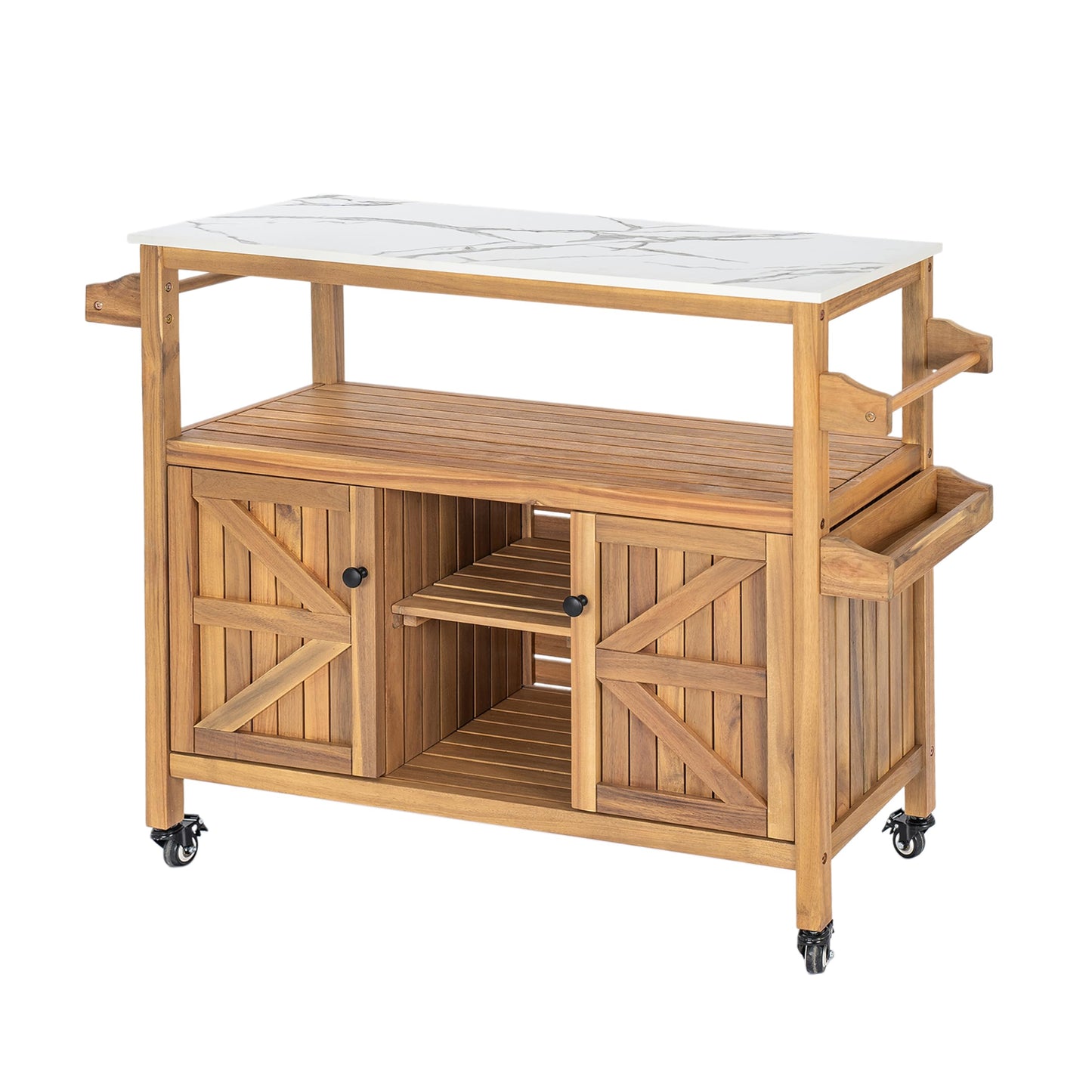 Merax Outdoor Patio Acacia Wood Bar Cart, Natural Finish with Marble-Effect Top, Lockable Wheels & Bottle Holders, Indoor-Outdoor Serving Cart