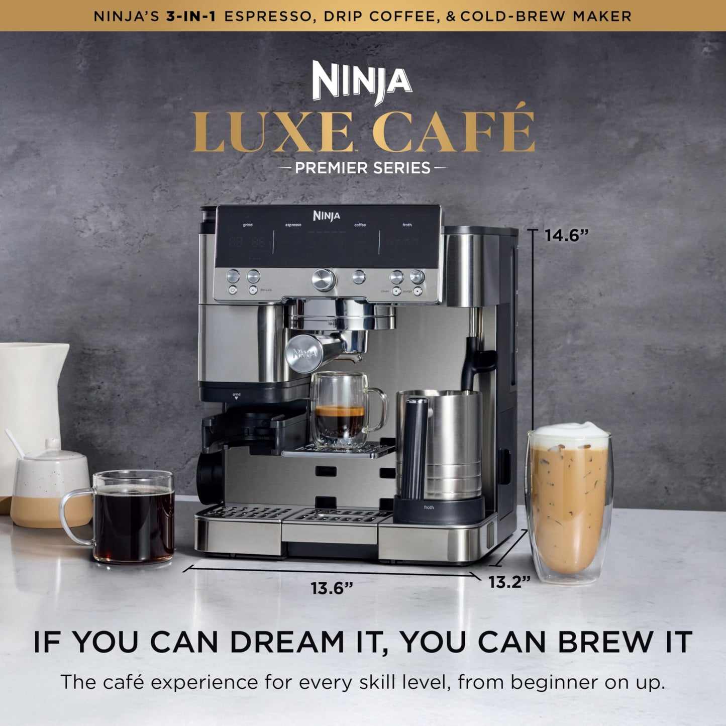 Ninja Luxe Café Premier 3-in-1 Espresso Machine, Drip Coffee, & Rapid Cold Brew | Built-in Coffee Grinder, Hands-Free Milk Frother, Assisted Tamper for Cappuccinos & Lattes | Stainless Steel | ES601