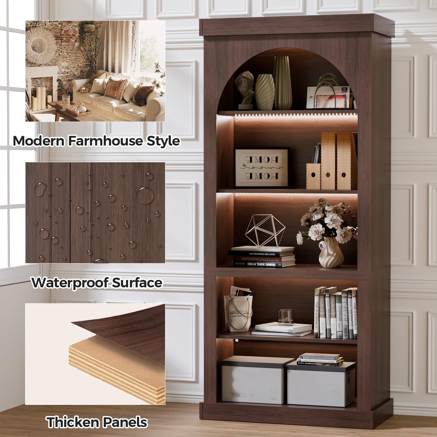 Trygoal Tall Cabinet Bookcase, Display Cabinet Walnut Finish with Adjustable Shelf, Mid Century Modern Curio Cabinet for Living Room, Dining Room, Kitchen, Study Room, Entryway, Open-Shelves