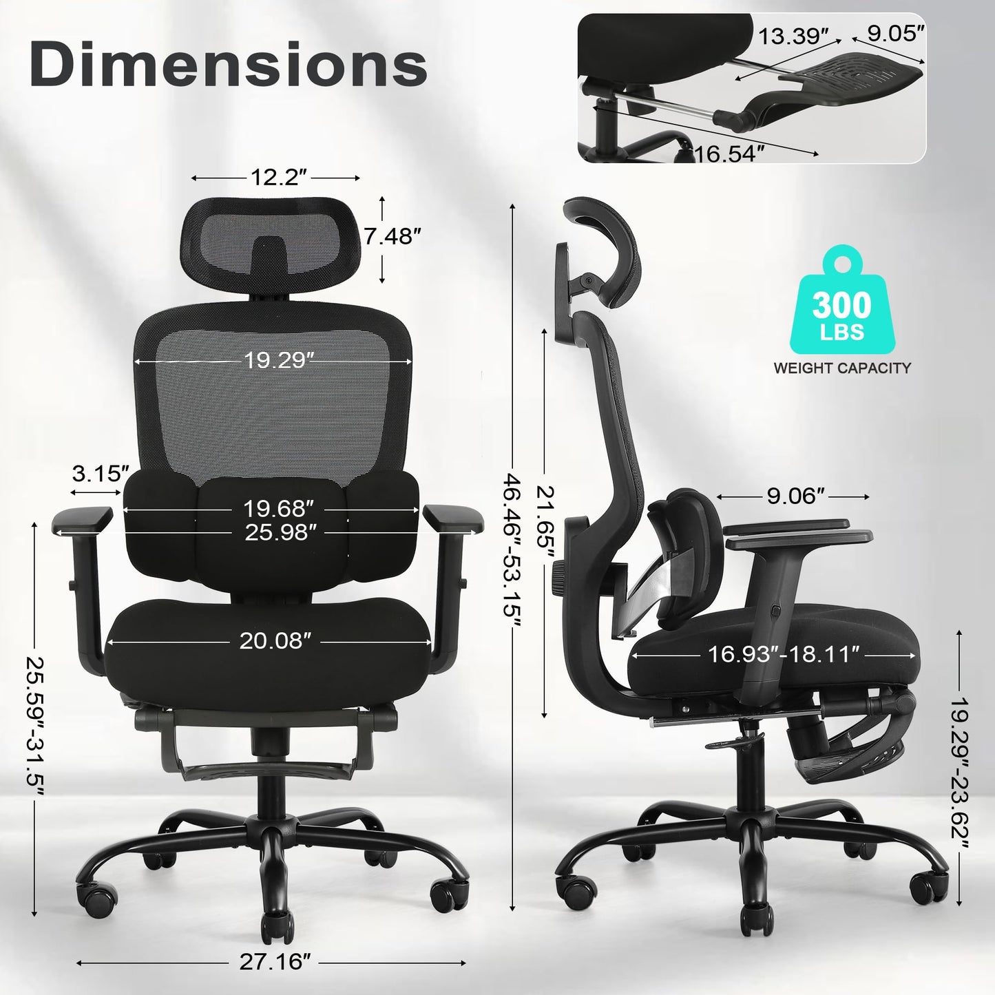 Ergonomic Office Chair with Footrest, Mesh Desk Chair with Adjustable Headrest & Armrests & Dynamic Floating Wing Lumbar Support, High Back Computer Chair for Home Office, BIFMA Certified, Black