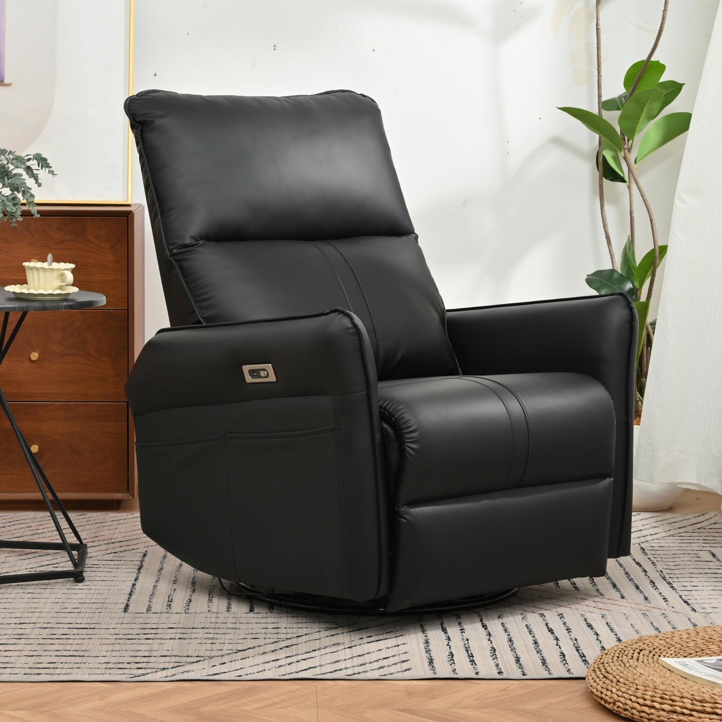 KEIKI 270 Degree Power Swivel PU Leather Power Recliner Chair, Nursery Recliners, Home Theater Recliner Chair, Electric Glider Reclining Sofa with USB Ports, Black